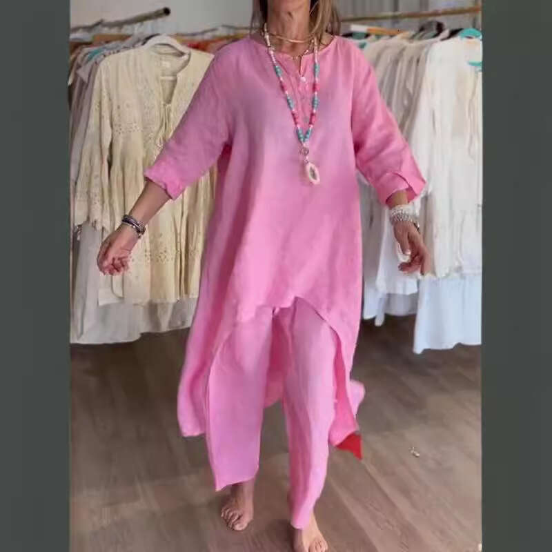 European American women's cotton and linen plus size long top wide leg pants two-piece set 2025 new casual fashion trend clothing