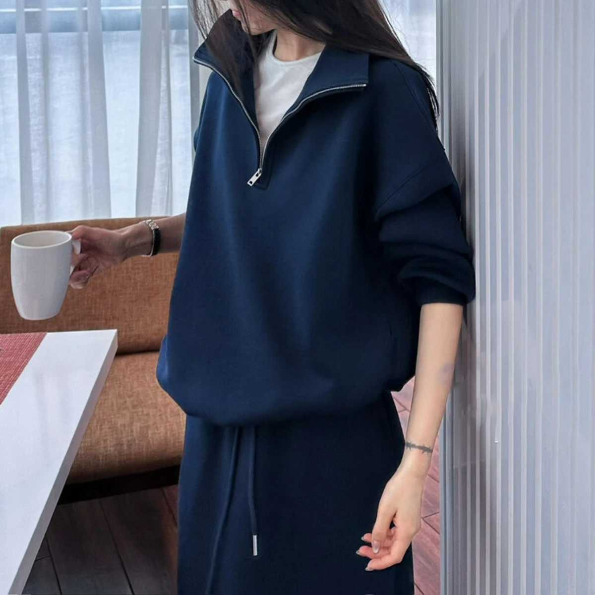 KWTX 2025 New Jacket Skirt Set Solid Color Zip-Up Stand Collar Elegant Retro Minimalist Cozy Casual Autumn Winter Women Outfit J251136