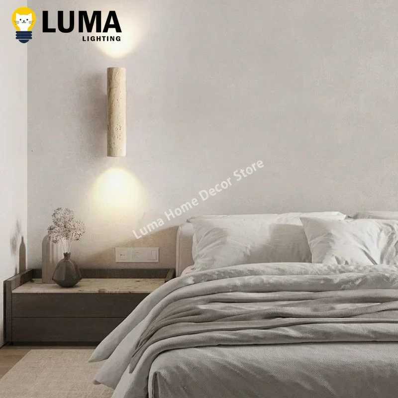 Wabi Sabi Style Yellow Travertine Wall Lamp Vintage Stone and Wood Sconce Light for Bedroom Bedside Living Room Stair Home Decor M251126