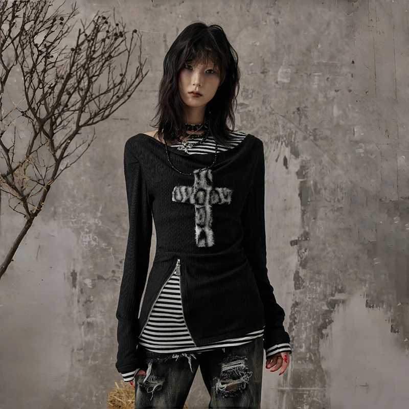Karrcat Grunge Aesthetics Fake Two-piece Tops Trashy Y2k Long Sleeve Knitted Tops Wasteland Punk Patchwork Tops Gothic Vintage J251136