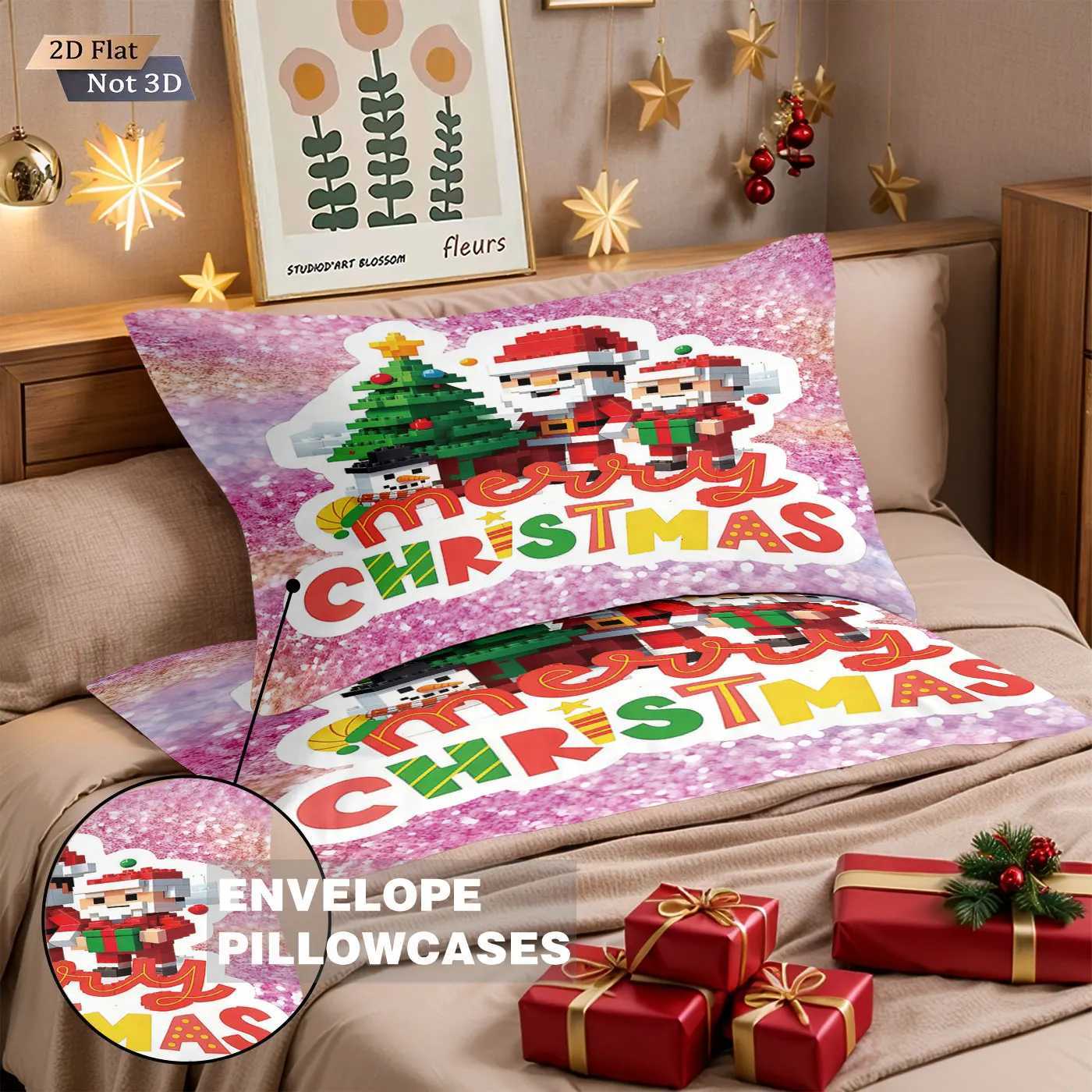 Christmas 3pcs building block style cartoon Santa Claus printed coreless bedding set multi size bedroom bedding holiday decoration Y251126