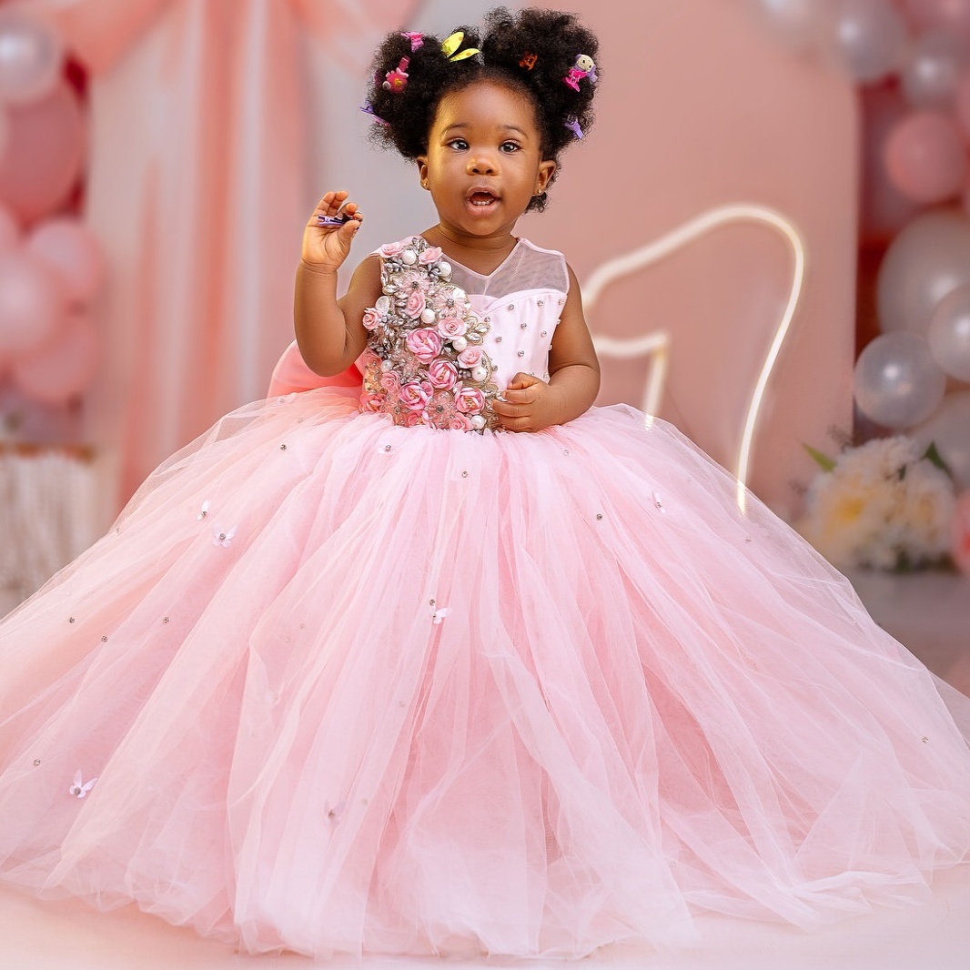 2026 Pink Ball Gown Flower Girl Dresses Sheer Neck Flowers Crystals Tulle Little Girl Christmas Peageant Birthday Christening Tutu Dress Gowns ZJ4275
