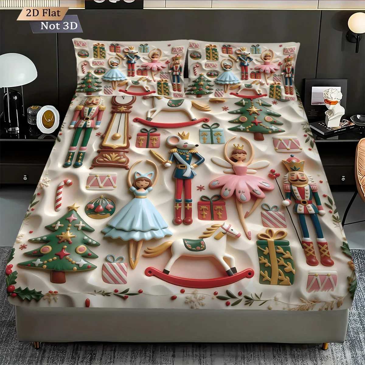Christmas 3pcs imitation relief Christmas The Nutcracker print coreless bed sheet set multi size bed cover bedroom bedding decoration Y251126