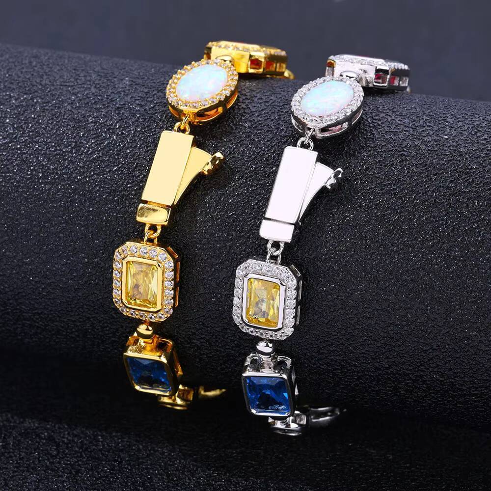 NUOYA Fashion Chain Bracelet White Gold Plated Colorful Opal Geometric Diamond Link Chain Bracelet Womens Jewelry