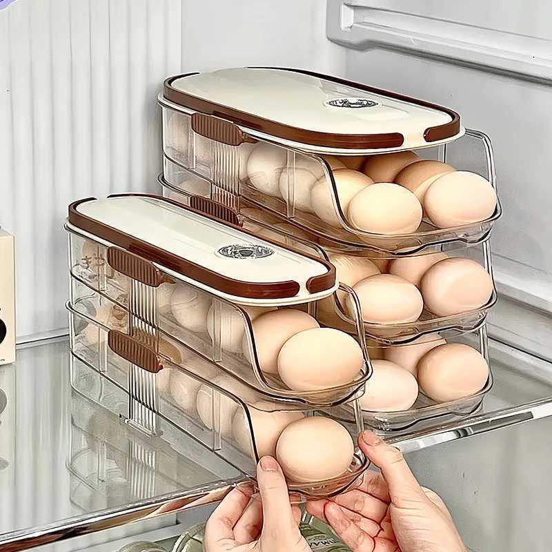 2/3Tiers Refrigerator Egg Organizer Kitchen Beveled-Edge Automatic Rolling Freshness Egg Tray Food Grade Egg Holder Rolling Tray Y251126