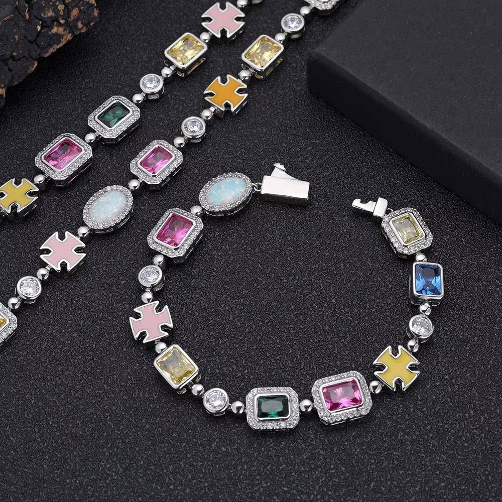 Hip Hop Jewelry Iced Out Multi Color Cubic Zirconia Cz Gemstone Tennis Bracelet Mixed Colored Enamel Motif Bracelet for Women