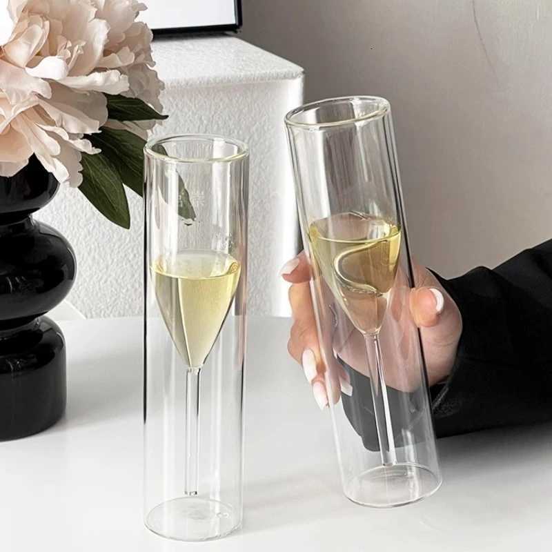 Double Wall Champagne Glasses - Elegant Crystal-Design Tulip Flute Cups for Weddings Cocktails Toast Shatter-Resistant C251126
