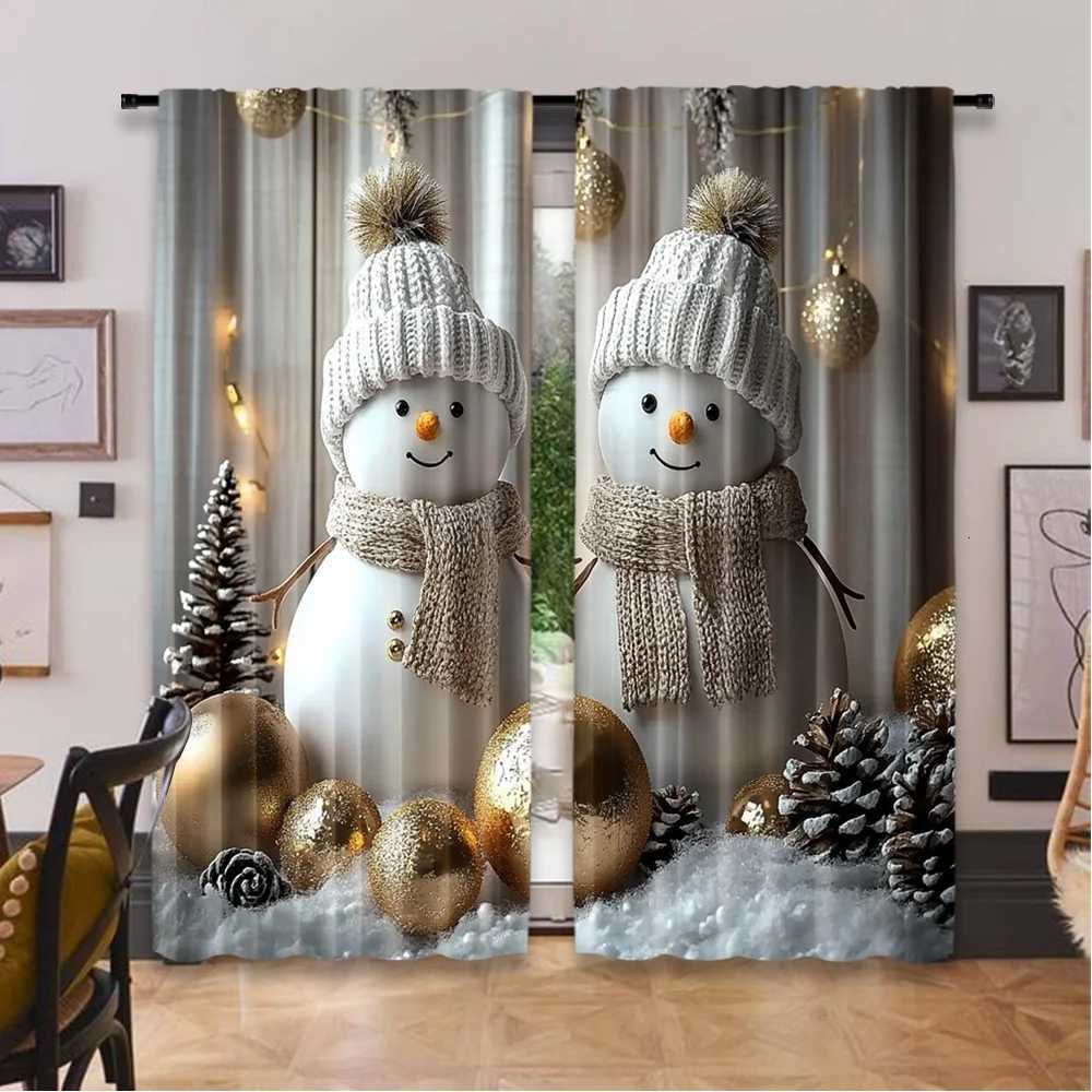Curtain Christmas 2D flat printing 2pcs Happy Christmas fashion curtains Christmas snowman with golden orbs Digital Printed Polyester Drapes Y251126