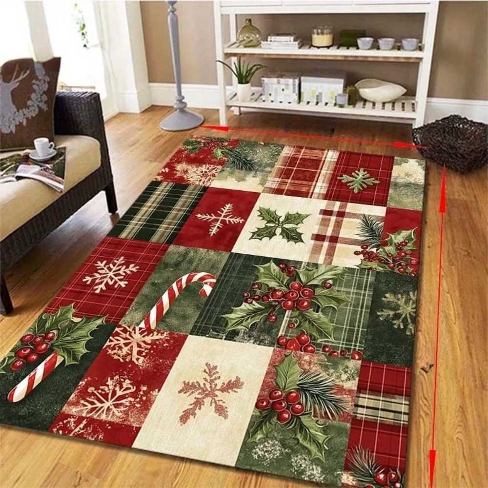 Christmas Patchwork Carpet Snowman Reindeer Rug Red Green Plaid Mat Holly Berry Home Decoration Non-Slip Living Room Floor MatM251126