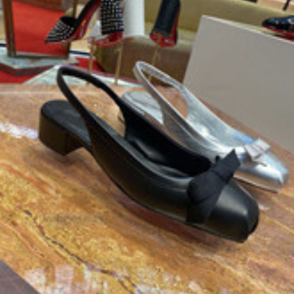 Women's Square Toe Bow Slingback Block Heel Sandals Metallic Black/Silver Evening Party Footwear---168-10