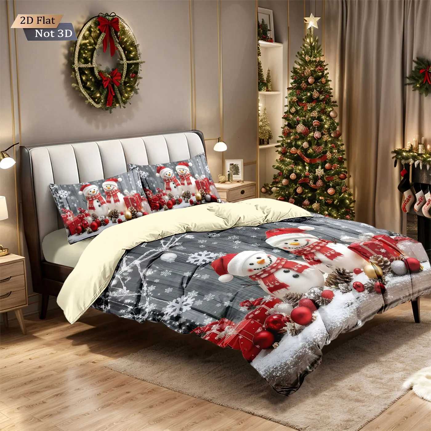 Christmas 3pcs Merry Christmas snowman print coreless down comforter set multi size bedroom bedding holiday decoration machine washable Y251126