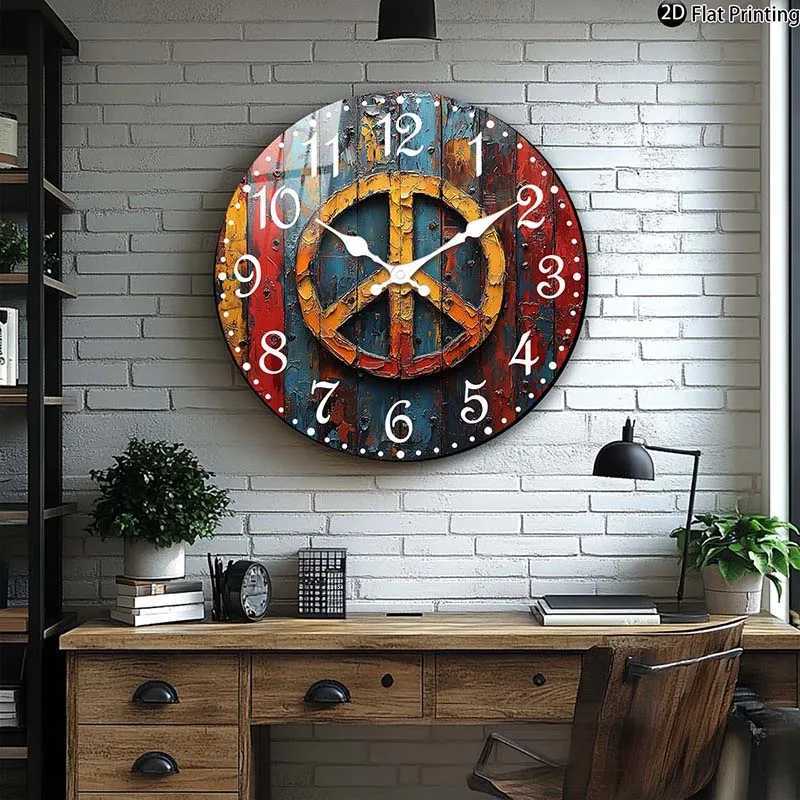 Wooden Silent Wall Clock Abstract peace symbol art Quartz Analog Clock FarmhouseOffice Idea Christmas Halloween C251126