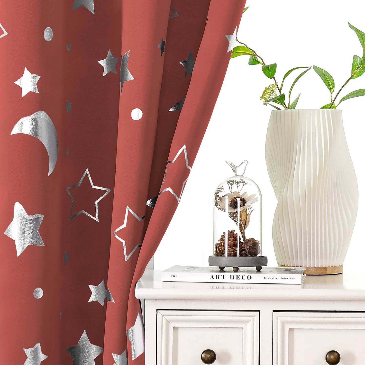 Christmas Set of 2 Blackout Silver Star Moon Curtain Pair Silver Grommet Window Panels for Bedroom Living Room Holiday Christmas Sun Y251126