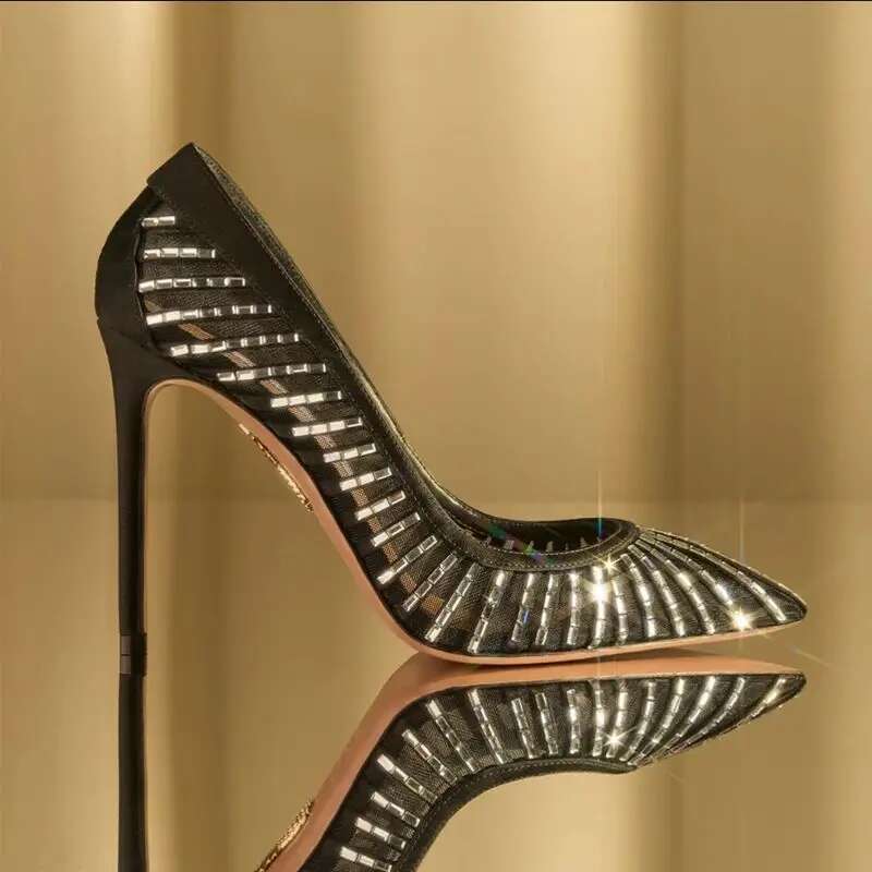 Spring and summer new crystal mesh satin pointed toe shallow shoes thin high-heeled banquet dress small size women's sandals