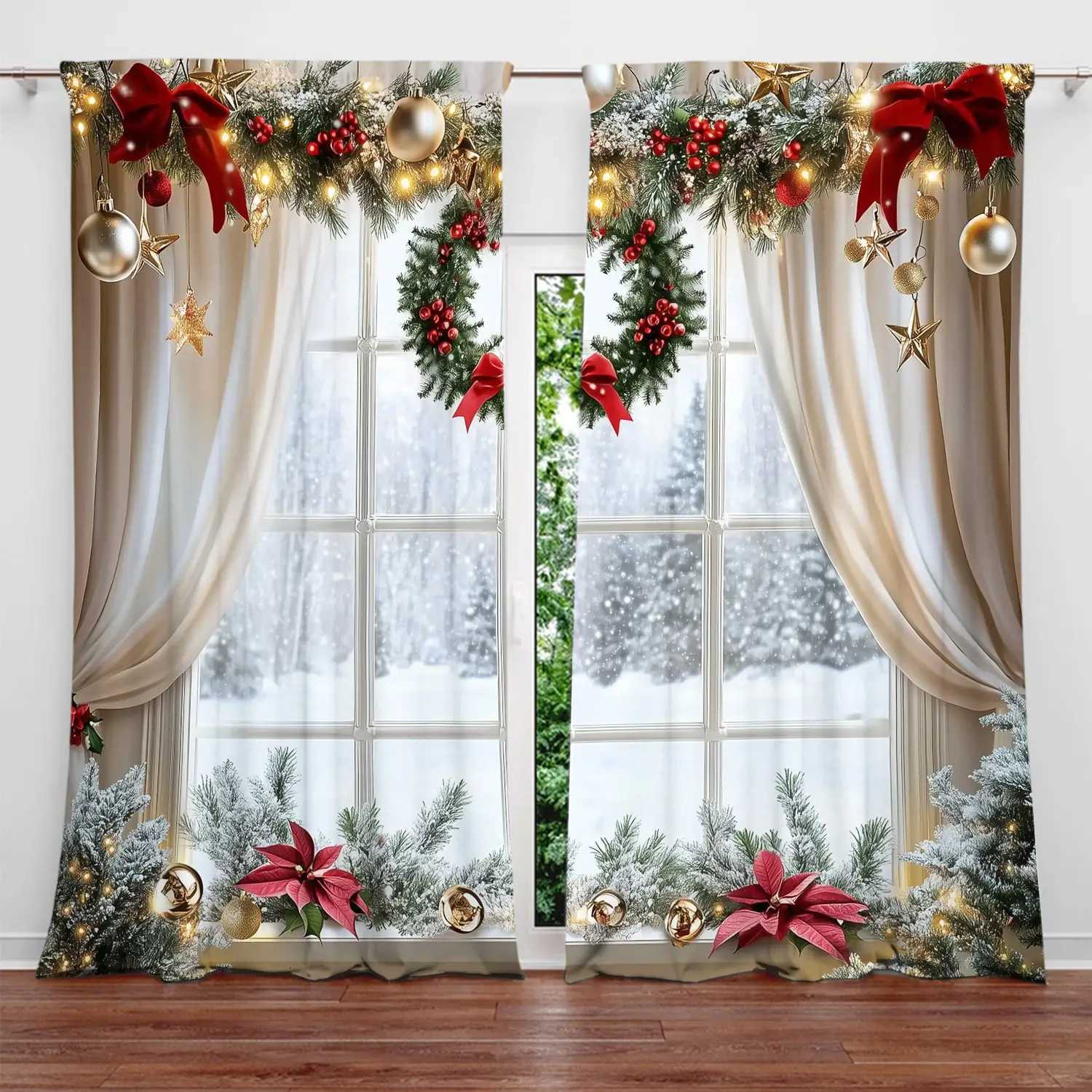 Christmas 2pcs Christmas Window Printed Curtain for Christmas Home Decor - Rod Pocket Window Treatment for Bedroom Office Kitchen Y251126