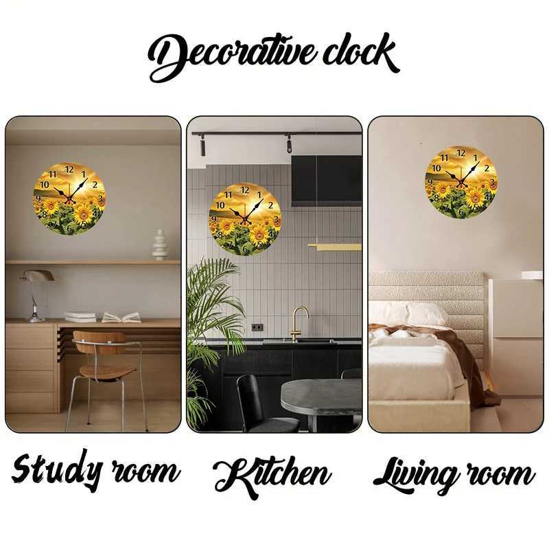 Sunflowers Design Wooden Round Silent Hanging Wall Clock Suitable For Living Room Office Study Room Bedroom Home Decoration C251126