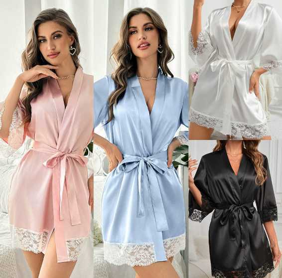 Bridal Bathrobe Bridesmaid Gift Long-sleeved Lace Trim Nightgown Tie-front Home Leisure Robe C251126