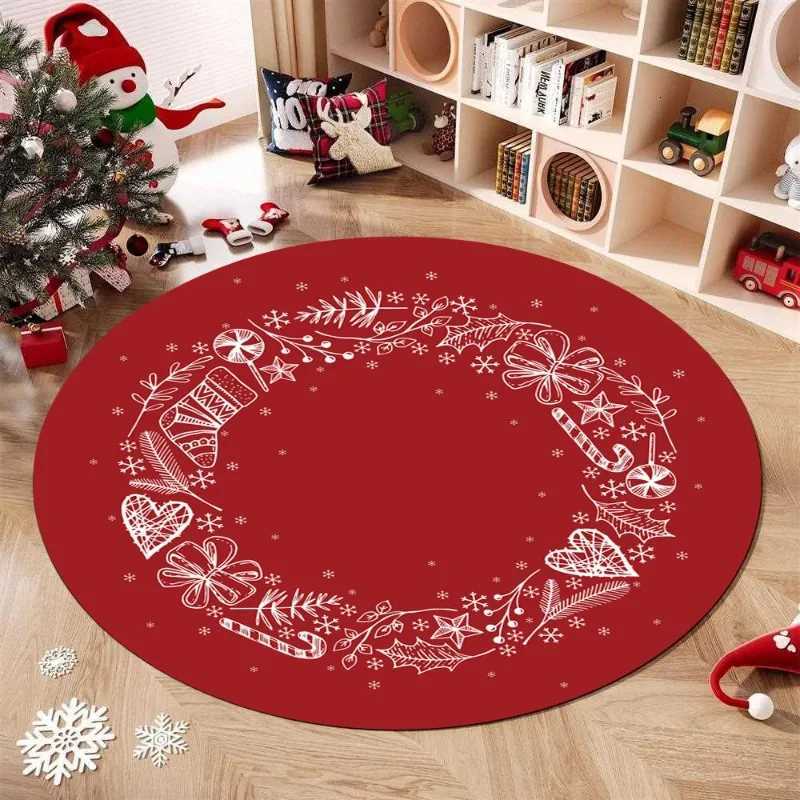 Christmas Round Carpet Holiday Party Decor Floor Mat Santa Gingerbread Bell Snowman Print Anti-slip Rug for Bedroom Living RoomM251126