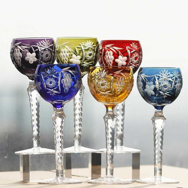 Antiques Style multi colored and hand cut glass crystal hock glass wine glasses with cut stem and base Home Bar Table Decor C251126