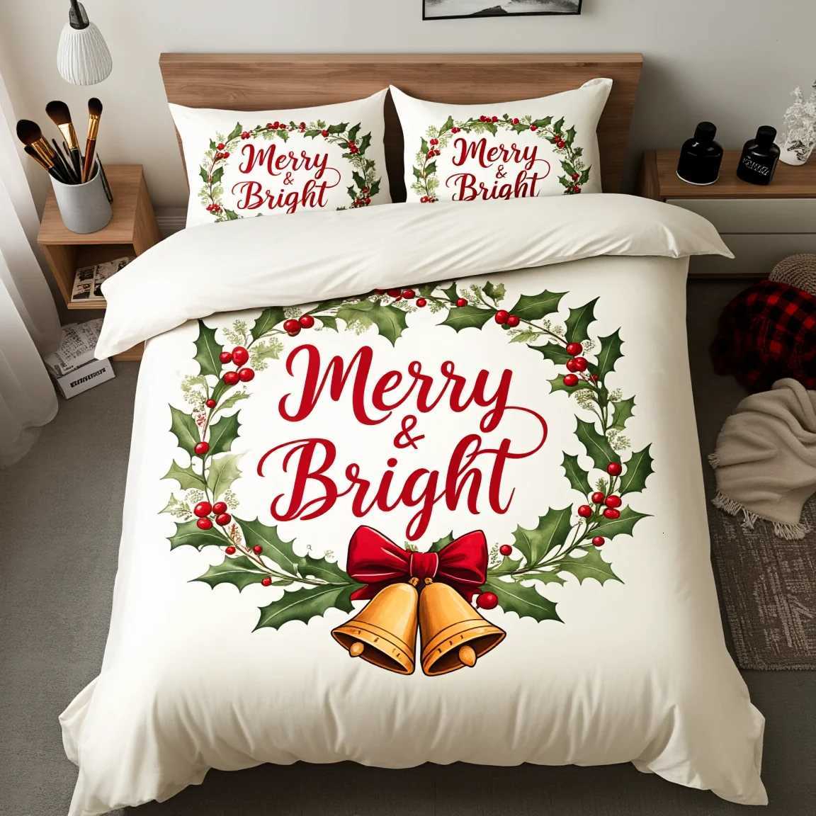 Christmas 3Pcs Hand Painted Christmas Card Bedding Set Polyester Whimsical Illustration Duvet Cover Queen Size Cozy Home Textile Artful Y251126