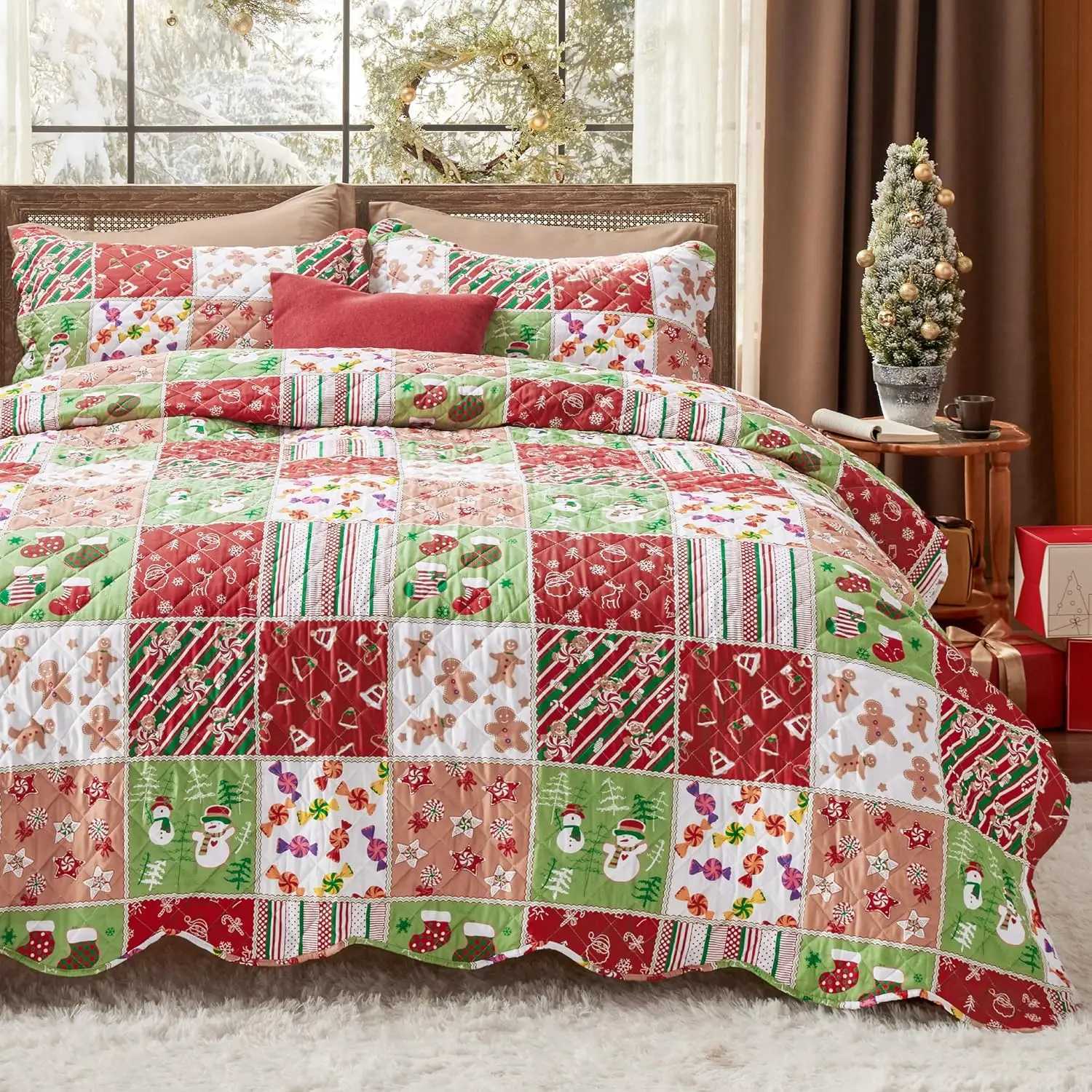 Christmas Christmas Quilt Set King Red Quilts for King Size Bed Multicolor Patchwork Printed Pattern Christmas Bedding Set Soft Microfiber Y251126
