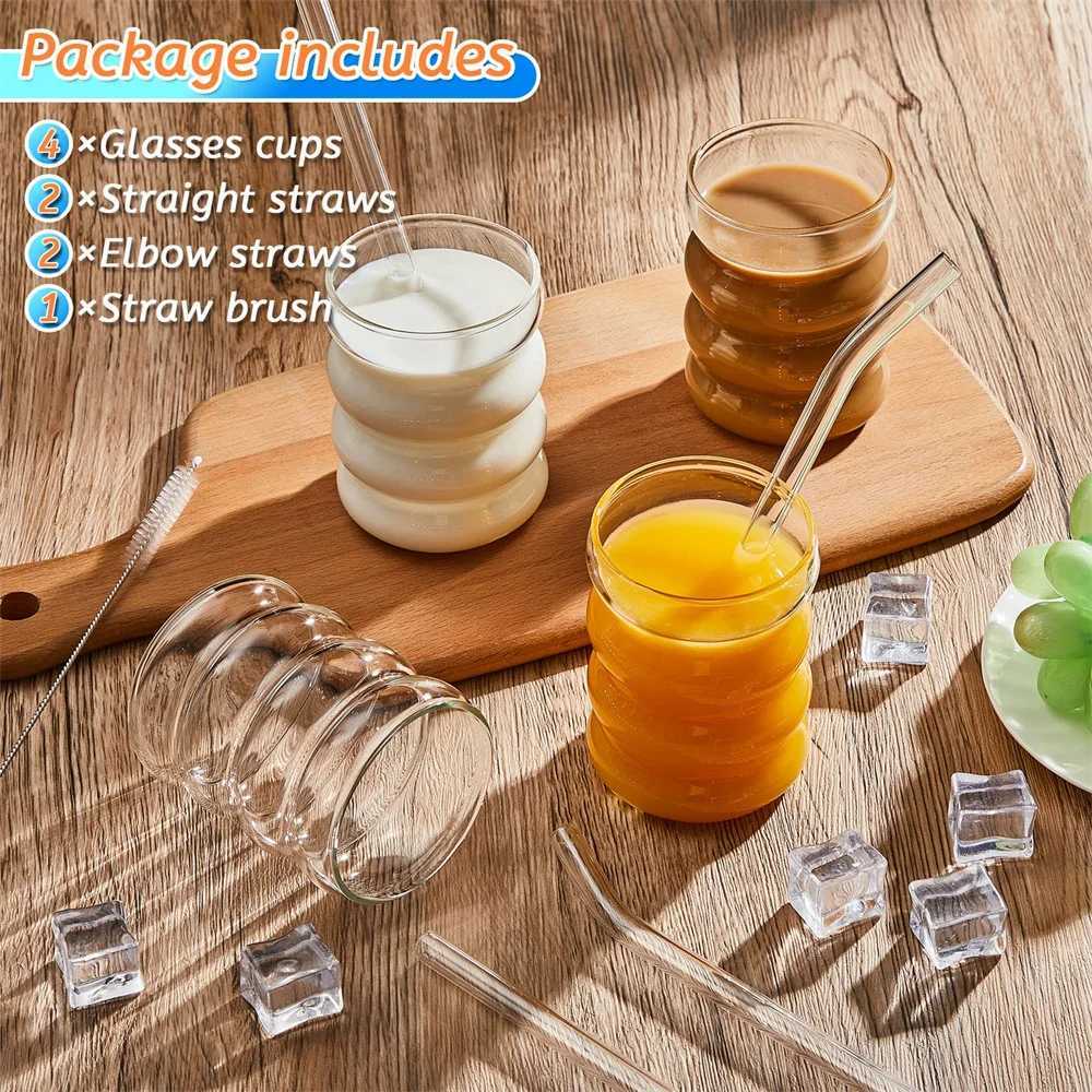 4pcs/Set Glass Cups Coffee Mug Creative Clear Drinking Glasses Ribbed Glassware Cups With Straws Set Cocktail Fruit Glass C251126