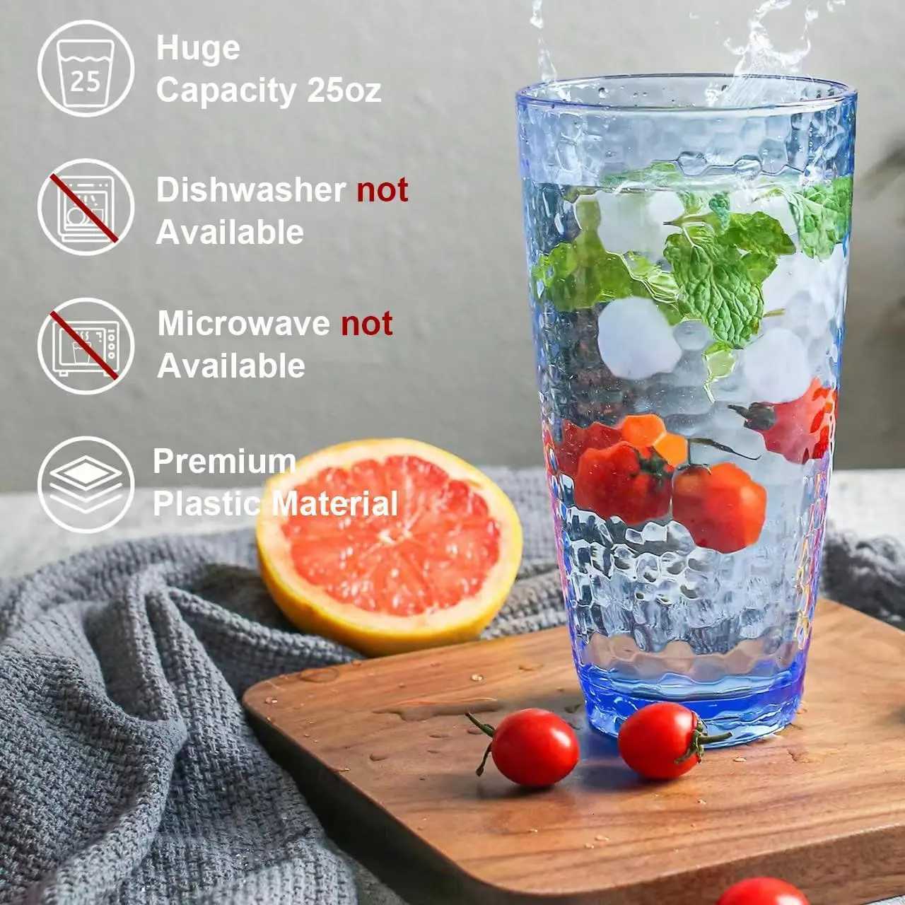 Plastic Unbreakable Tumblers 25oz Highball Drinking Glasses Set of 6 Blue C251126