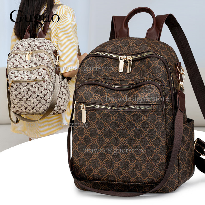 Guguo Designer Luxury Leather Women's Backpack New High-end Fashion Rules Grid Pattern Large Capacity Multi-purpose Travel Bag Casual Handbag