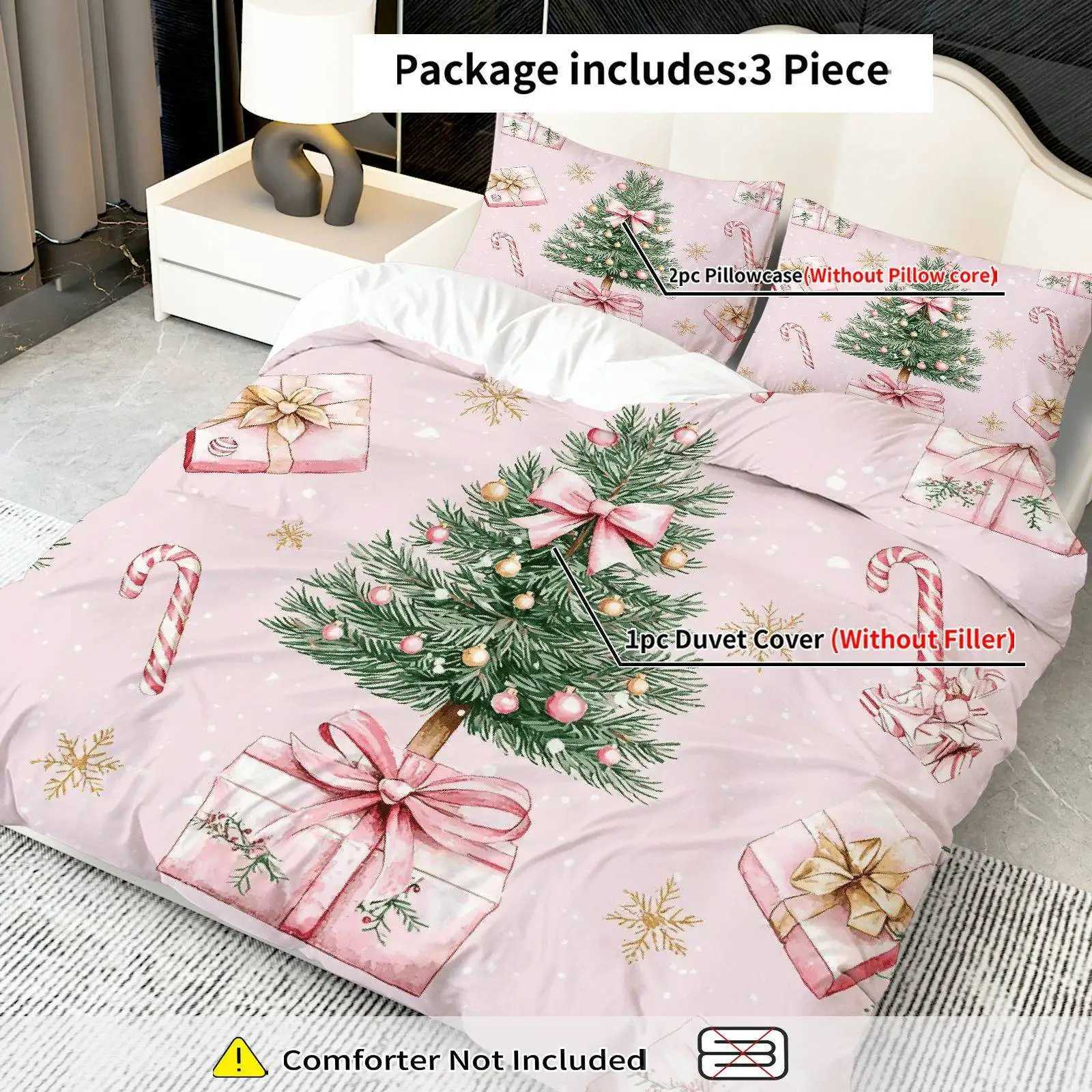 Christmas 3pcs Christmas Tree Candy Cane Duvet Cover Set - Soft Pink Golden Bedding with Zipper Closure All-Season Cozy Decorative Y251126