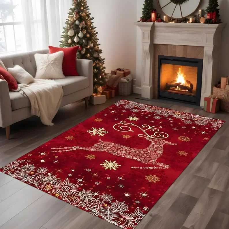 Cozy Christmas Rug Red Holiday Living Room Carpet with Tree Snowman Reindeer Design Home Decoration CarpetsM251126
