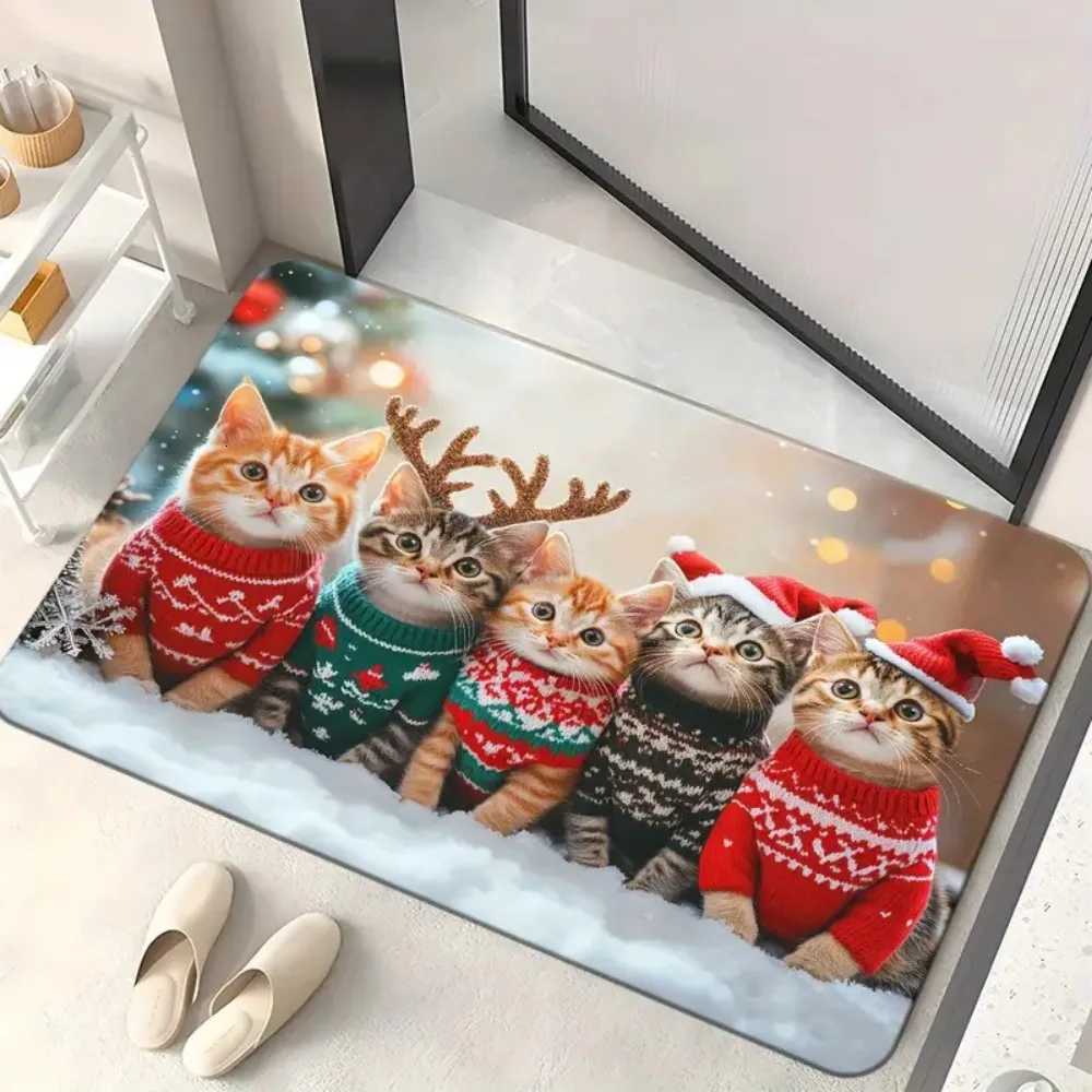 1Pc Christmas Cute Cat Print Doormat Non-Slip Microfiber Polyester Rug Machine Washable For Home Entryway Bedroom Living RoomM251126