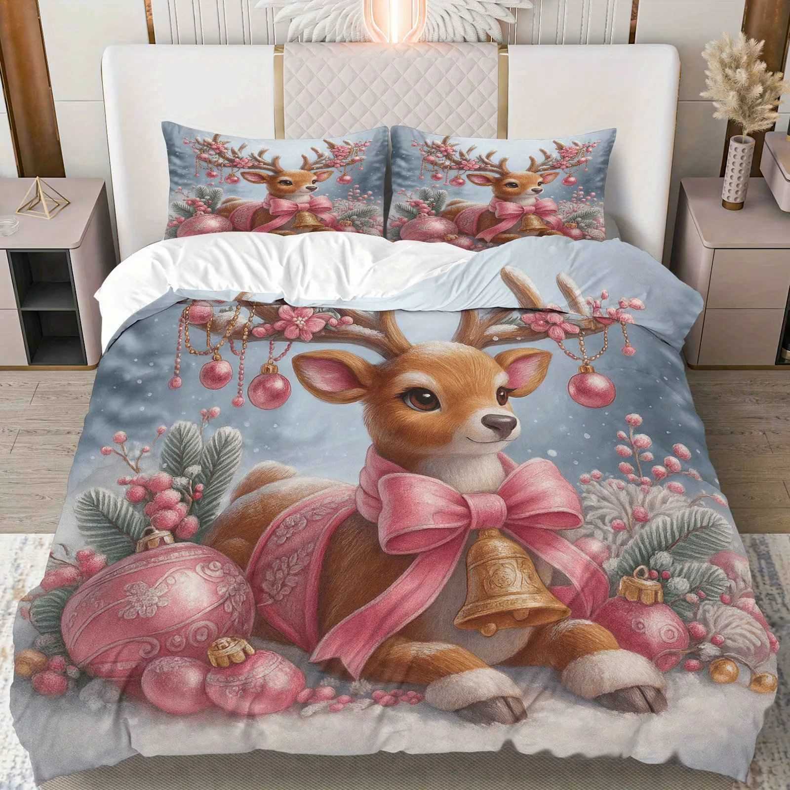 Christmas 3pcs Duvet Cover Set 1 Duvet2 Pillowcases Pink Christmas Deer Winter Snow Scene Theme Christmas Bedding Set Queen King Size Y251126