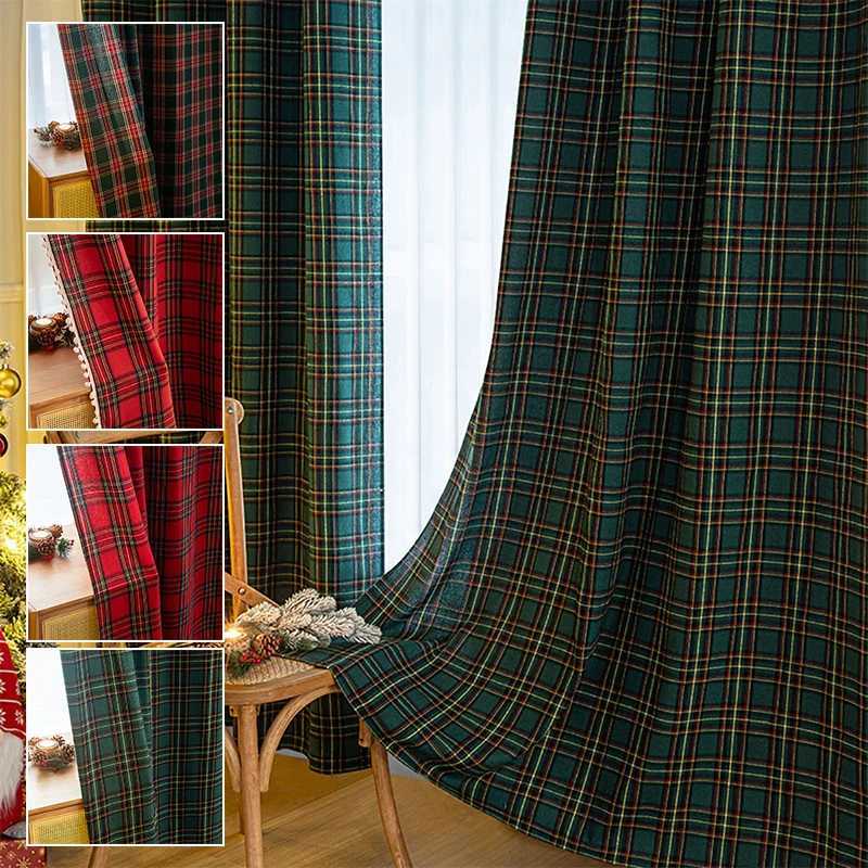 Christmas 1pc Half Blackout Red and Green Checkered Curtain Fabric100 Polyesterhand Washable Modern Style Christmas Curtain Decoration Y251126