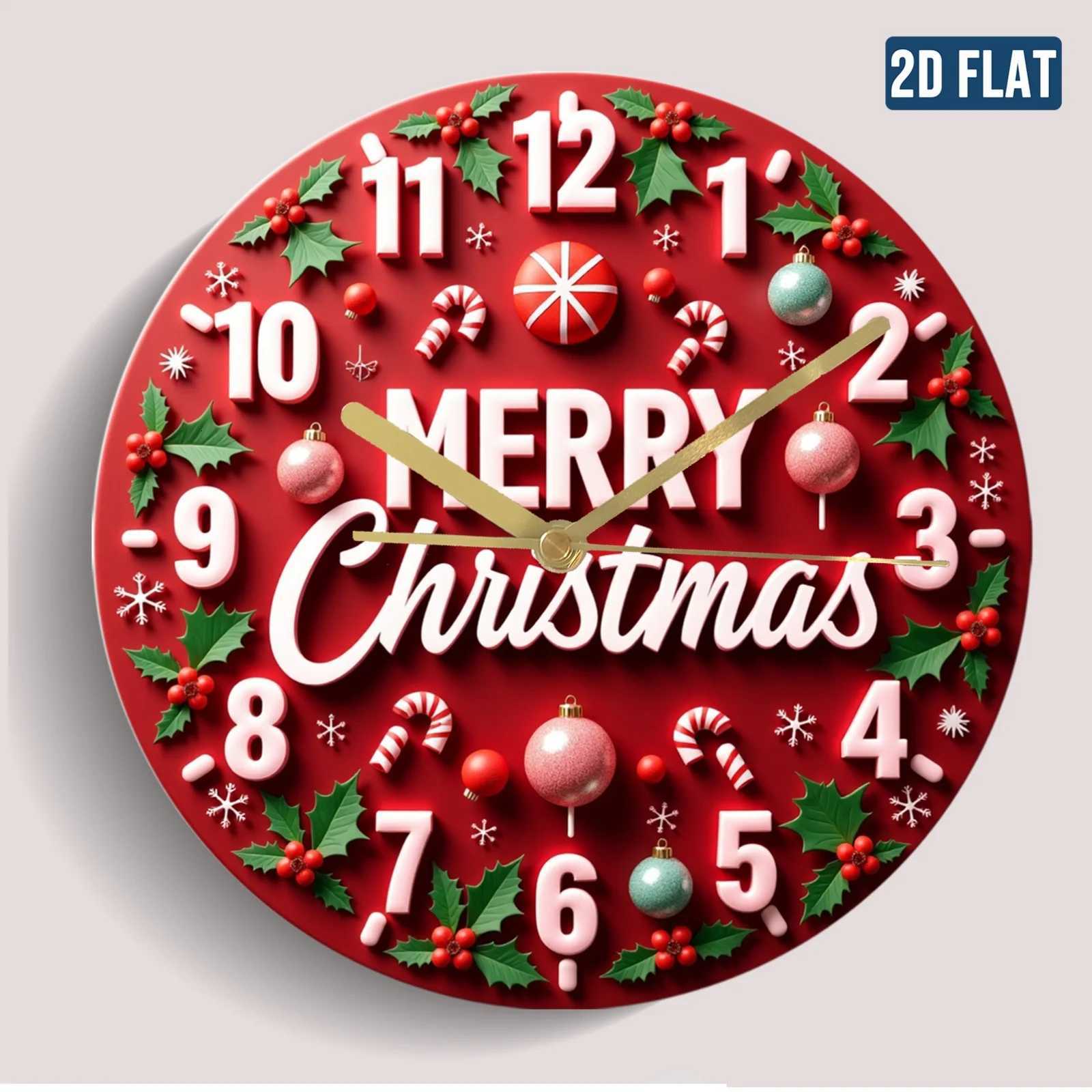 Christmas Joy Decorative Cane Candy Holly Leaf Red Round Wall Clock Theme Design Charming Decoration - Silent Non C251126