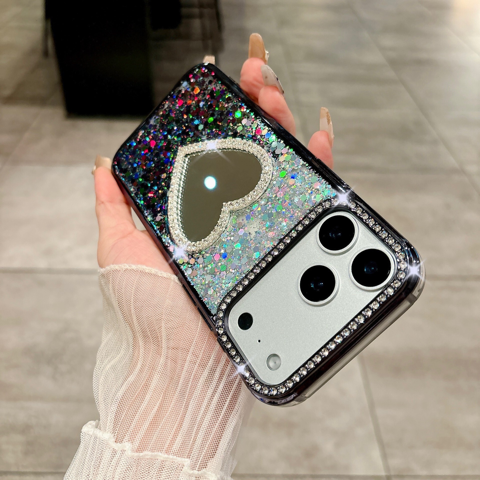 Gradient Glitter Phone Case Suitable for iPhone 17 Pro Max Heart Mirror Shockproof Cover iPhone 16/15/14 Pro