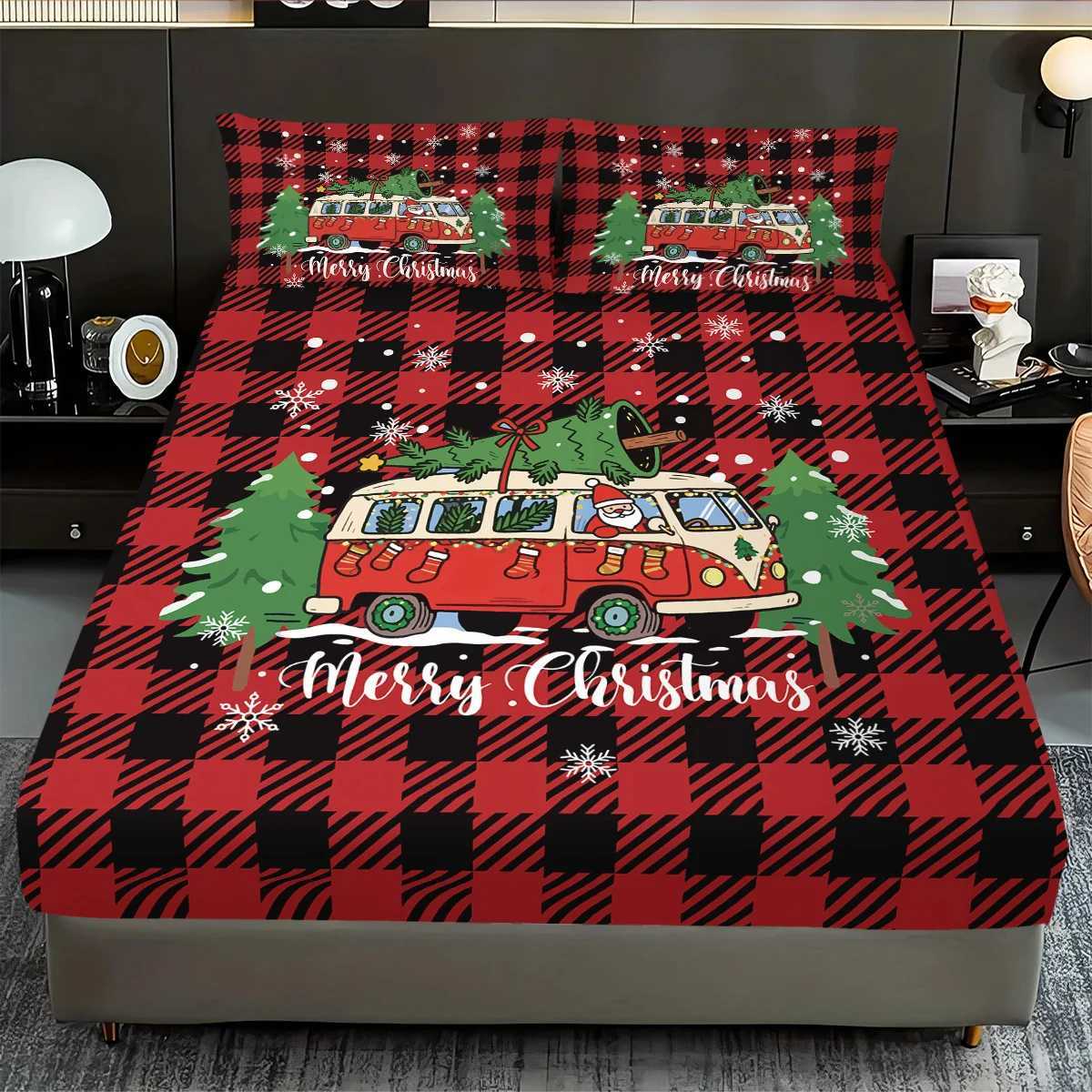 Christmas 3pcs Christmas red checkered car print coreless bed sheet set multiple size soft bed covers bedroom bedding decorations Y251126
