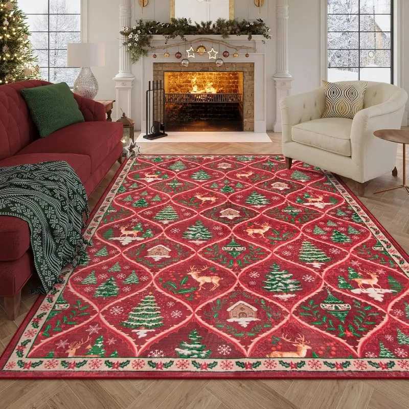 Christmas Carpet Christmas Tree Reindeer Diamond Grid Print Large Carpet Easy To Maintain Dirt Resistant Home DecorationM251126