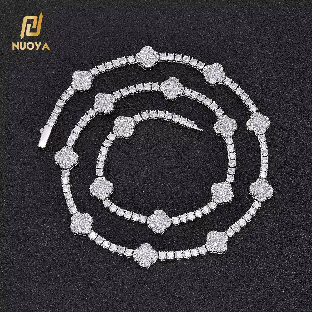 Hip Hop Jewelry 18K Gold Plated Tennis Chain Fine Jewelry for Women Four Leaf Clover Shiny CZ Diamond Tennis Chain Necklace