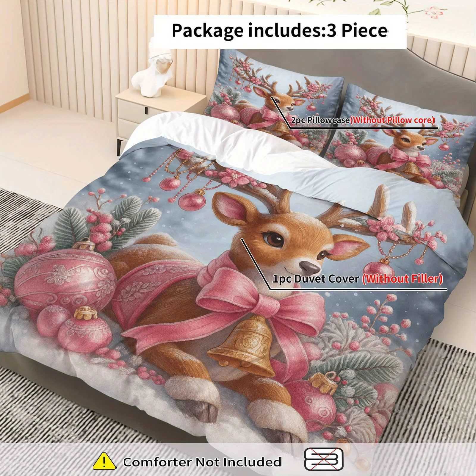 Christmas 3pcs Duvet Cover Set 1 Duvet2 Pillowcases Pink Christmas Deer Winter Snow Scene Theme Christmas Bedding Set Queen King Size Y251126