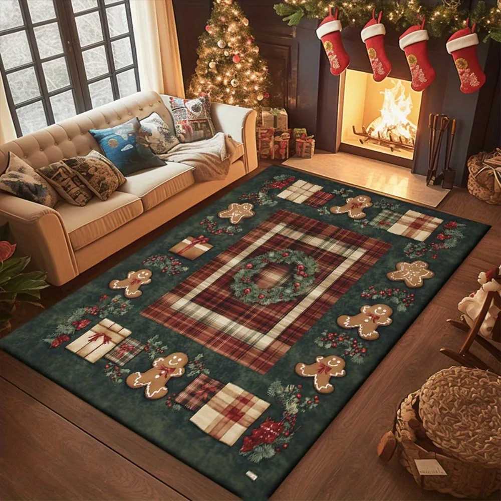 Christmas Patchwork Carpet Snowman Reindeer Rug Red Green Plaid Mat Holly Berry Home Decoration Non-Slip Living Room Floor MatM251126