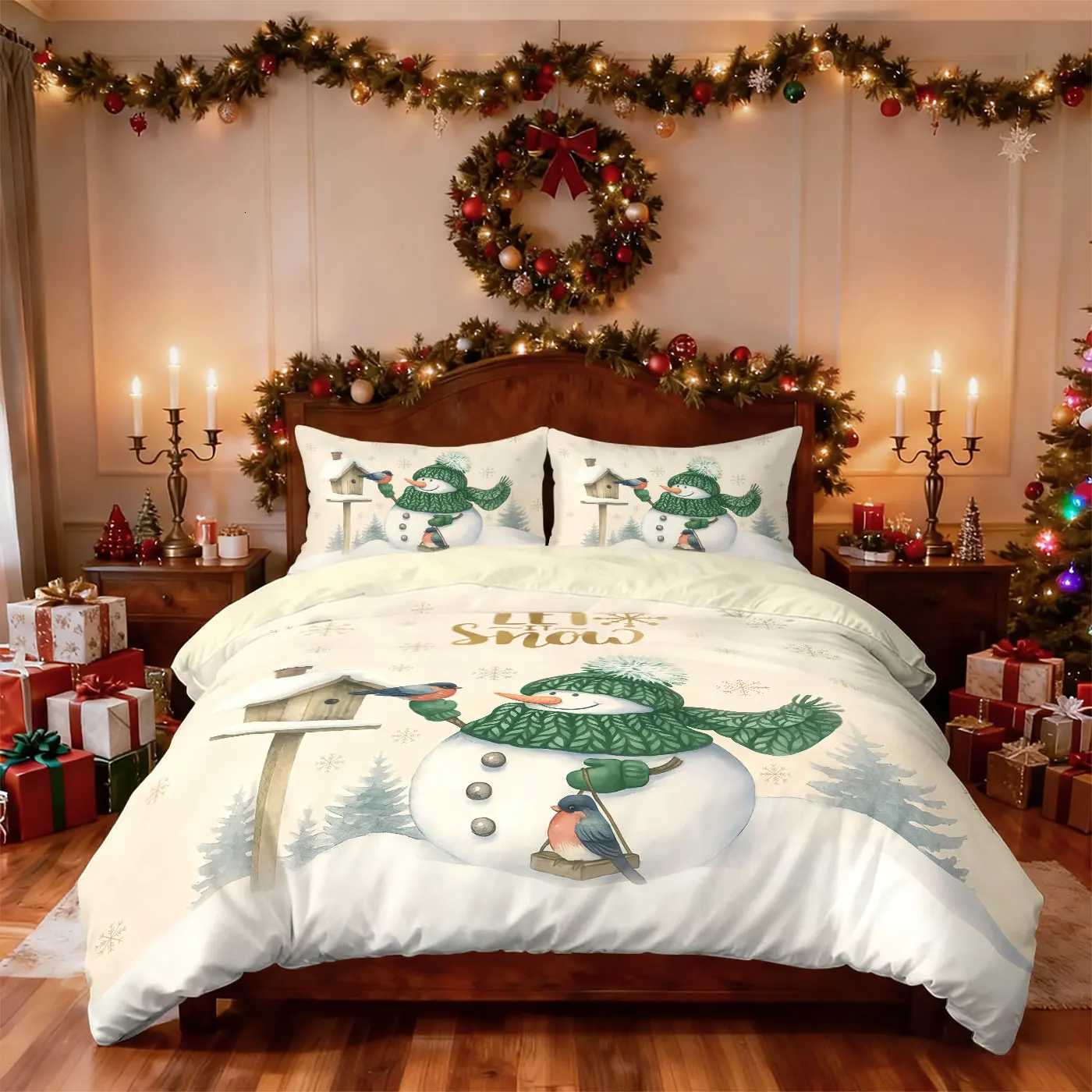 Christmas 3pcs Merry Christmas cartoon snowman printed coreless down comforter set multi size bedroom bedding decoration machine washable Y251126
