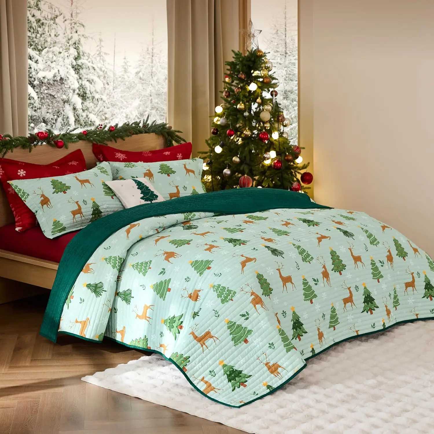 Christmas Christmas Quilt Bedding Set King Size Reversible Quilt Set with Christmas Tree and Reindeer Pattern Soft Microfiber Lightweight Y251126