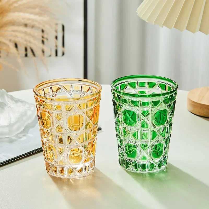 European-Style Colored Plaid Creative Whiskey GlassesBeer Steins Handmade Carved Tumbler Glass Water Cup Wine Mug Geometric C251126