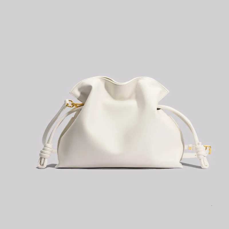 New Ruched Design Solid Color String Close Gift Lucky Pouch Handbag Cowhide Leather Women Shoulder Bag 2 Size Daily Purse K251126