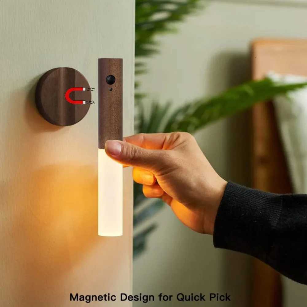 Auto LED Night Light Magnetic Wooden Multifunctional Smart Motion Sensor USB Rechargeable TYPE-C Wireless Closet Wardrobe Lamp M251126