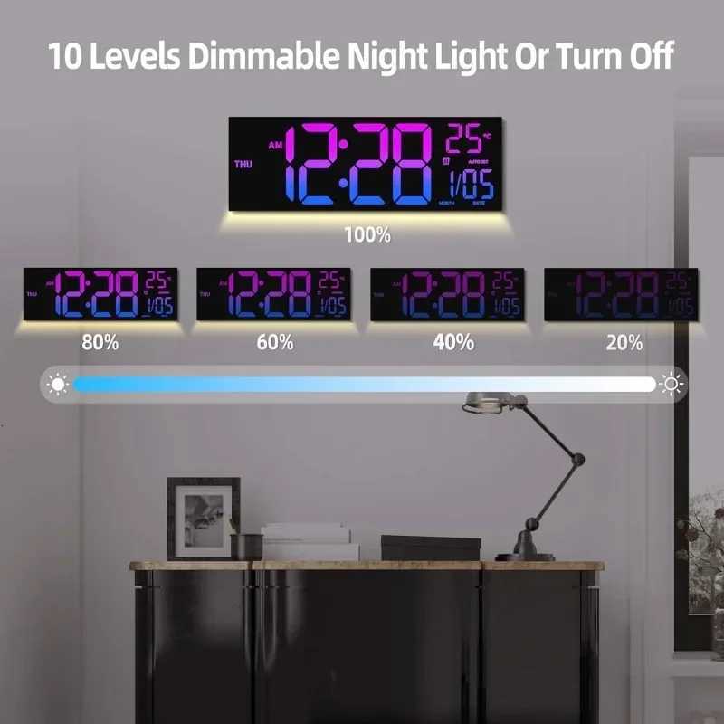 16 Inch Large Digital Wall Clock with Remote Control Mood Light 8 Clors RGB Dual Alarm Timing Countdown 12/24H LED Alarm Clock C251126
