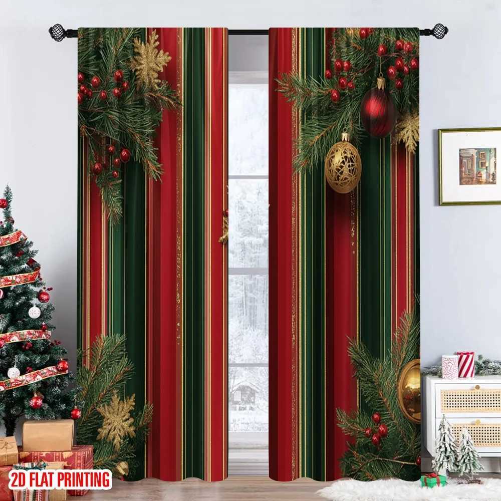 Curtain Christmas 2pcs 2D flat printing Christmas Drapes Christmas Ornaments Festive Stripes Polyester Without Electricity Family Party Perfect Y25112