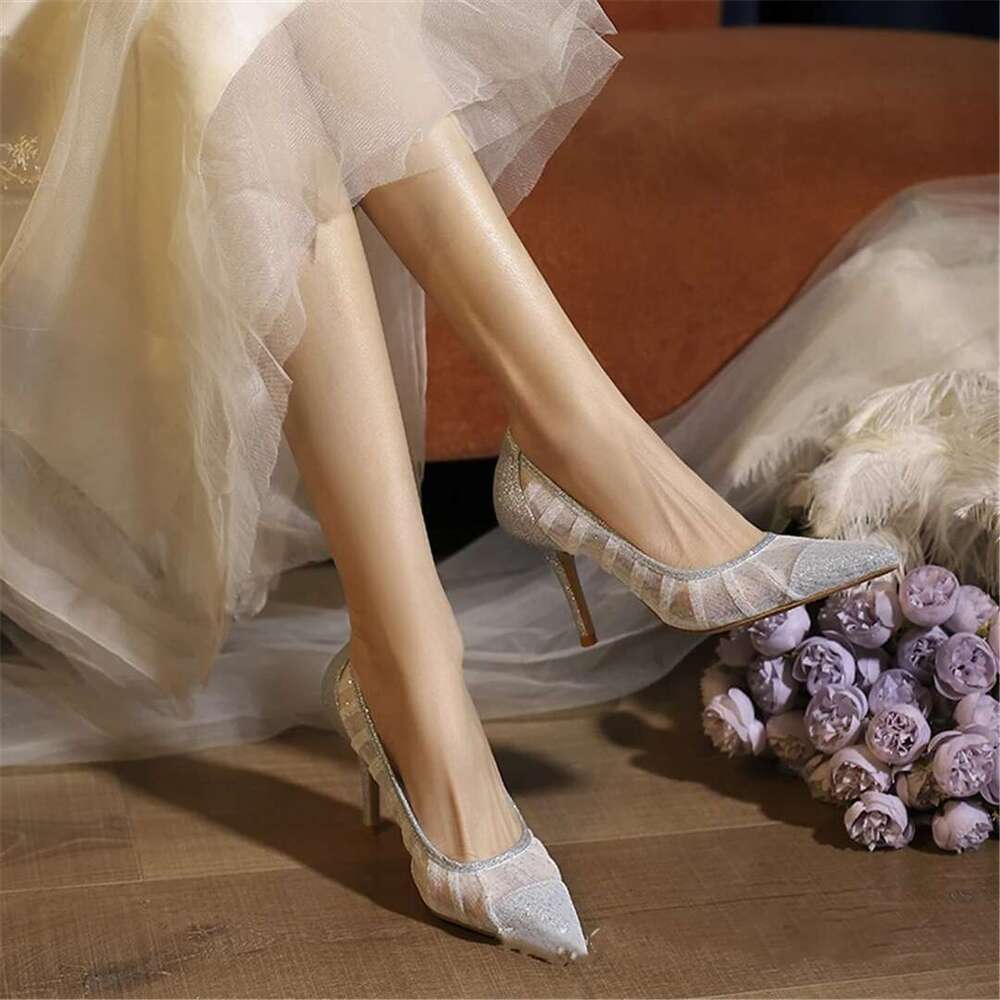 Spring and summer new pointed mesh sequin flat wedding shoes thin high-heeled banquet dress large small size women's sandal