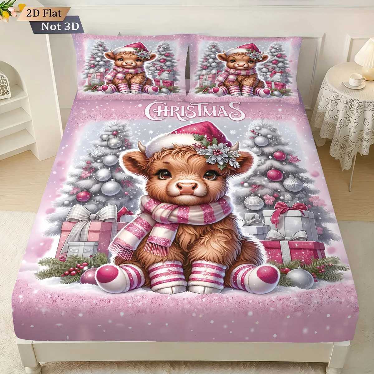 Christmas 3pcs Christmas Highland Cow Print Coreless Bed Sheet Set Multiple Size Bed Cover Bedroom Bedding Decoration Machine Washable Y251126