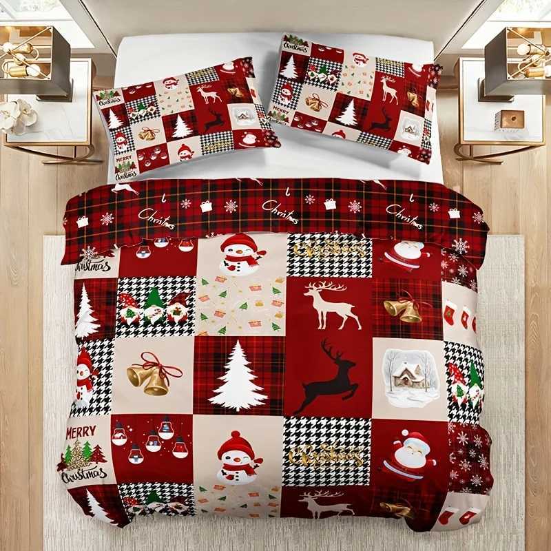 Christmas Breathable Polyester Christmas Reindeer Plaid Duvet Cover Set Includes 1 Duvet Cover and 2 Pillowcases Perfect for All Seasons Y251126